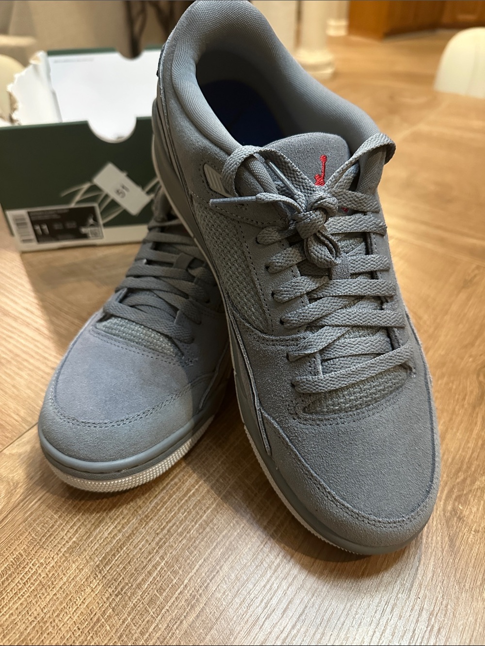 Jordan Men's Gray Suede Low-Top Sneakers with Red Stitch Accent